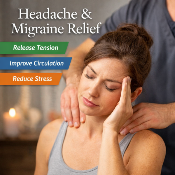 Woman holding her temple while a massage therapist performs a neck and shoulder massage behind her in a candle-lit, relaxed setting; text reads “Headache & Migraine Relief – Release Tension, Improve Circulation, Reduce Stress.”