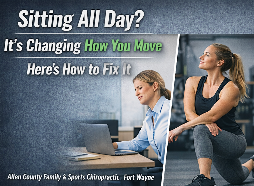 Woman sitting at desk with back pain compared to mobility exercise at Allen County Family & Sports Chiropractic in Fort Wayne, we help patients fix the movement issues caused by sitting all day.