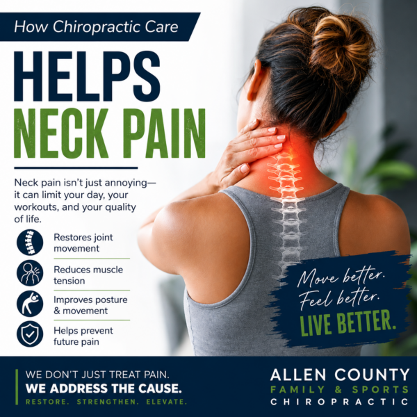 Woman with neck pain and highlighted spine illustrating chiropractic care for neck pain in Fort Wayne at Allen County Family & Sports Chiropractic