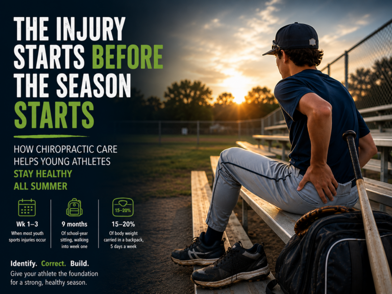 Young baseball player sitting on bleachers before practice highlighting the importance of chiropractic care and injury prevention for youth athletes.
