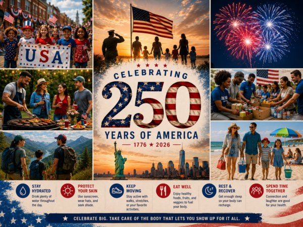 Families of diverse backgrounds gather for a patriotic outdoor celebration by a lake, enjoying a picnic, fireworks, and American flags beneath a bold "Celebrating 250 Years of America (1776–2026)" banner, symbolizing unity, community, and the nation's 250th anniversary.